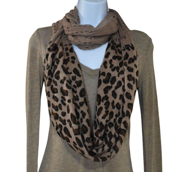 Leopard Print Infinity Scarf Brown Black Knit Wool Blend Wrap - Picture 1 of 7